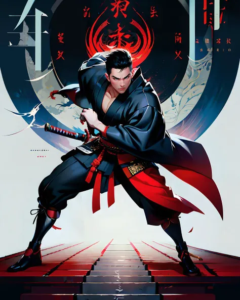 full body and head shot, handsome manly young adult man samurai wearing kimono, holding katana, combat stance, dramatic pose, cover, digital painting, overdetailed digital painting, masterpiece quality, best quality, <lora:coverPageLayout_v10:1>