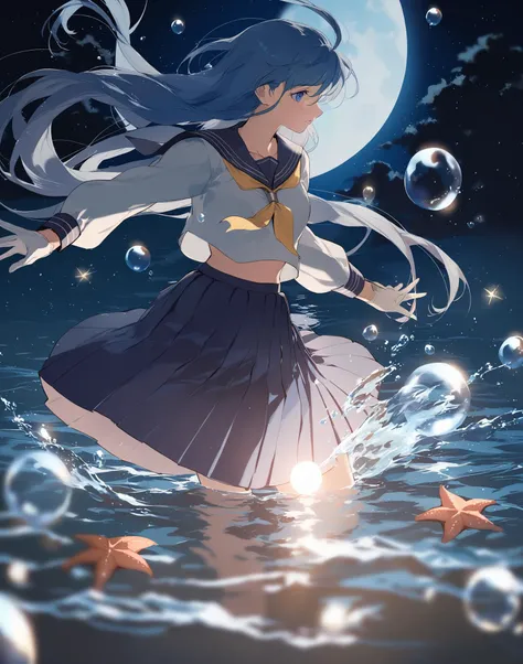 <lora:potgXLlokr4f:0.9>,masterpiece,best quality,Cinematic Lighting,
1girl,long hair,solo,moon,blue hair,water,(crescent moon:0.8),white gloves,bubble,starfish,night,film lighting,serafuku,white_shirt,long_sleeves,blue_skirt,pleated_skirt,skirt,hair in the wind,(upper_body:1.4),(medium_shot:1.3),close-up,