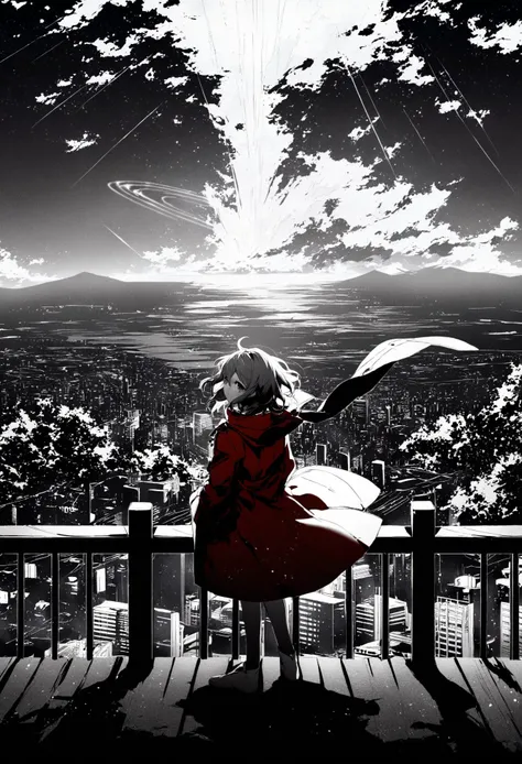 masterpiece, best quality,solo, 1girl, abstract, looking at viewer, monochrome, short hair ,scenery, bird, cloud, sky, outdoors, mountain, building, cloudy sky, city, sunlight, day, railing, fantasy, water, light rays, animal, sky, scenery, solo, cloud, outdoors, star (sky), coat, building, city, cityscape, starry sky, wind, skyline, standing, cloudy sky, miyamizu mitsuha, long sleeves, night, red coat, skyscraper, diffraction spikes, string, railing, night sky ,
<lora:potgXLlokr4f-000143:1> <lora:sd_xl_dpo_lora_v1-128dim:1>