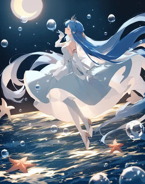 <lora:potgXLlokr4f>,masterpiece,best quality,
1girl,long hair,dress,white dress,solo,gloves,moon,very long hair,blue hair,from side,water,elbow gloves,crescent moon,white gloves,closed eyes,bubble,starfish,night,