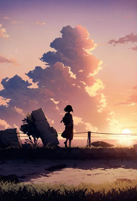 masterpiece, best quality,solo, black hair, looking at viewer, 1girl, short hair, long sleeves, male focus, 1boy ,cloud, sky, outdoors, scenery, school uniform, cloudy sky, solo, sunset, bag, horizon, shoes, ocean, standing, serafuku, from behind, water, power lines, wide shot, school bag, facing away, walking, cloud, scenery, outdoors, tree, ruins, blue sky, sunlight, day, cloudy sky, sun, solo, lens flare, grass, overgrown, standing, sitting, plant ,
<lora:potgXLlokr4f-000143:1> <lora:sd_xl_dpo_lora_v1-128dim:1>