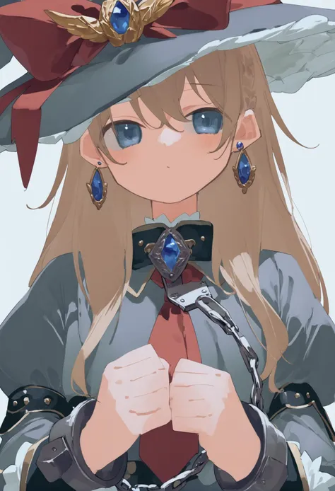 masterpiece, best quality,solo, 1girl, hat, jewelry, white background, cuffs, simple background, long sleeves, witch hat, earrings, upper body, hat bow, looking at viewer, long hair, red bow, bow, handcuffs, puffy sleeves, blue eyes, shirt, blonde hair, closed mouth, kirisame marisa, bangs, juliet sleeves ,
 <lora:potgXLlokr4f-000143:1>