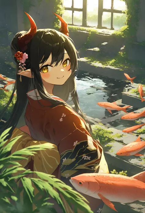 masterpiece, best quality,1girl, solo, horns, japanese clothes, smile, long hair, black hair, yellow eyes, looking at viewer, kimono, blush, hair ornament, upper body, closed mouth, bangs, flower, indoors ,fish, scenery, overgrown, ruins, water, sunlight, window, plant, light rays, reflection, indoors, animal, artist name, tree, broken window, building ,
<lora:potgXLlokr4f-000143:1>