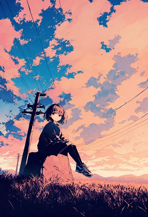 masterpiece, best quality,solo, short hair, looking at viewer, 1girl, closed mouth, upper body, abstract, bangs, monochrome ,outdoors, grass, sky, scenery, cloud, solo, sitting, power lines, tree, sunset, utility pole, shoes, cloudy sky, long sleeves, blue sky, fence, wide shot, day, building ,
<lora:potgXLlokr4f-000143:1> <lora:sd_xl_dpo_lora_v1-128dim:1>