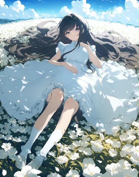 <lora:potgXLlokr4f:0.7>,masterpiece,best quality,Cinematic Lighting,
<lora:sd_xl_dpo_lora_v1:1>,<lora:jiuXL:0.9>,
long hair,1girl,solo,dress,flower,black hair,white dress,sky,cloud,outdoors,socks,lying,bangs,white flower,white socks,very long hair,white footwear,blue sky,frilled dress,day,petals,999,face,