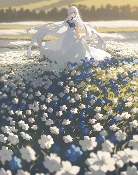 <lora:potgXLlokr4f:1>,masterpiece,best quality,long hair,solo,flower,1girl,dress,white hair,white flower,white dress,field,very long hair,outdoors,flower field,blue flower,cowboy_shot,