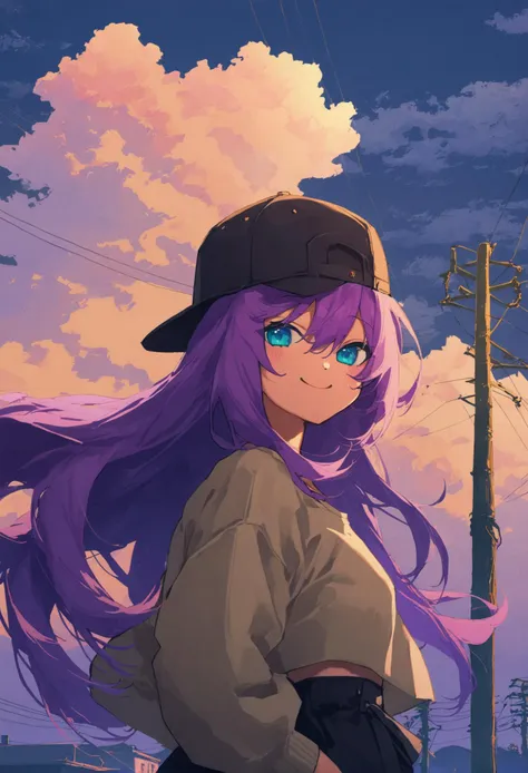 masterpiece, best quality,1girl, food, blue eyes, hat, solo, purple hair, long hair, smile, looking at viewer  , bangs, closed mouth, white shirt, shirt, long sleeves, nail polish, jewelry, upper body ,scenery, cloud, outdoors, sky, power lines, utility pole, cloudy sky, tree, blue sky, building ,
<lora:potgXLlokr4f-000143:1>