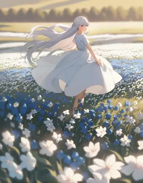 <lora:potgXLlokr4f:0.9>,masterpiece,best quality,long hair,solo,flower,1girl,dress,white hair,white flower,white dress,field,very long hair,outdoors,flower field,blue flower,(upper_body:1.3),(medium_shot:1.2),