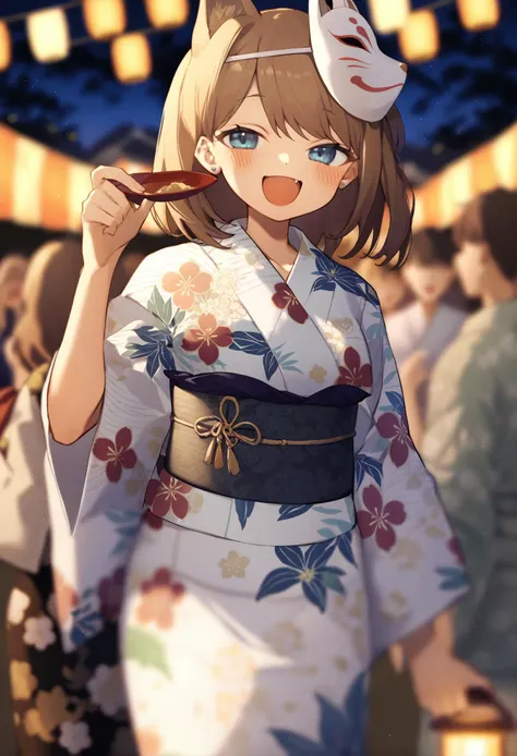 masterpiece, best quality,japanese clothes, kimono, 1girl, mask, fang, fox mask, smile, blurry, blue eyes, night, blush, mask on head, brown hair, yukata, floral print, jewelry, blurry foreground, open mouth, earrings, depth of field, :d, lantern, bangs, holding, upper body, signature, looking at viewer, print kimono, festival, solo, outdoors, blurry background, white kimono, stud earrings, summer festival
<lora:potgXLlokr4f-000143:1>