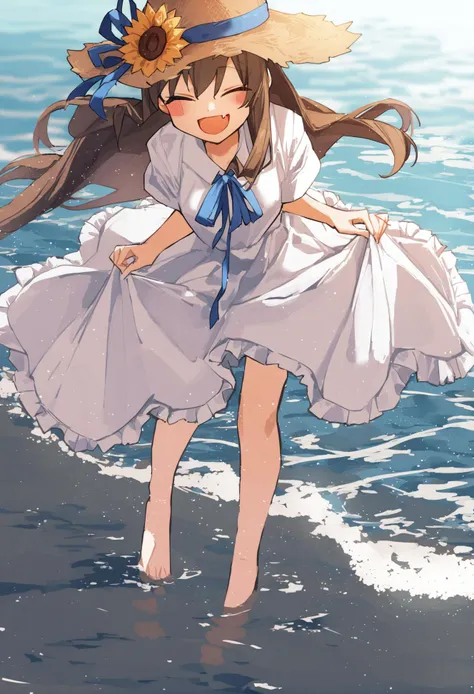 masterpiece, best quality,1girl, hat, solo, dress, closed eyes, brown hair, long hair, smile, fang, open mouth, flower, white dress, straw hat, wading, barefoot, skirt hold, water, blush, short sleeves, ^_^, blue ribbon, hat flower, ocean, bangs, sunflower, outdoors, :d, hat ribbon, very long hair, frilled dress ,
 <lora:potgXLlokr4f-000143:1>