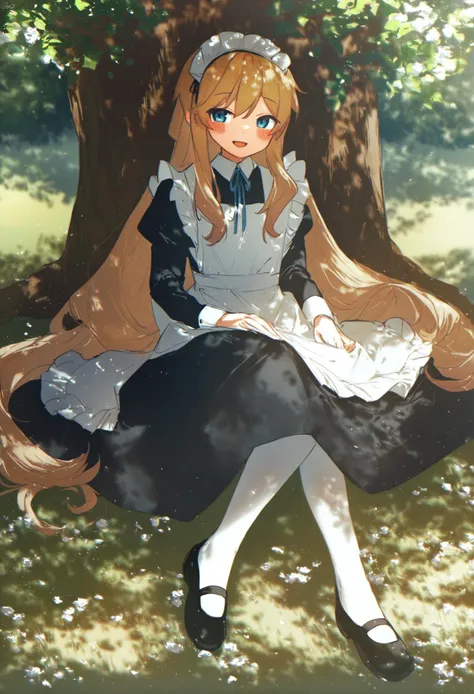 masterpiece, best quality,1girl, long hair, solo, apron, maid, blue eyes, maid headdress, sitting, dappled sunlight, black footwear, white apron, very long hair, maid apron, shoes, long sleeves, outdoors, dress, mary janes, blonde hair, tree,   white pantyhose, bangs, pantyhose, open mouth, black dress, smile, sunlight, frilled apron, puffy sleeves, blush, bow ,
 <lora:potgXLlokr4f-000143:1>