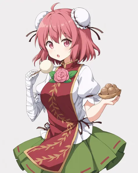 ibaraki kasen,1girl, solo, double_bun, green_skirt, tabard, white_background, simple_background, bandaged_arm, open_mouth, holding_food, bun_cover, eating, puffy_short_sleeves, pink_rose, white_shirt, cowboy_shot, looking_at_viewer, baozi, standing, dango, breasts, hand_up
<lora:ibaraki_kasen_image2781_2023-12-20:1>,star-shaped_pupils,symbol-shaped_pupils,. gorgeous,key visual, vibrant, studio anime,award-winning, professional, highly detailed,high budget, cinemascope