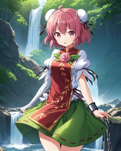 ibaraki kasen,1girl, solo, double_bun, tabard, waterfall, bandaged_arm, looking_at_viewer, bun_cover, chain, shackles, chinese_clothes, shirt, short_sleeves, rose, green_skirt, puffy_sleeves, open_mouth
<lora:ibaraki_kasen_image2781_2023-12-20:1>,star-shaped_pupils,symbol-shaped_pupils,. gorgeous,key visual, vibrant, studio anime,award-winning, professional, highly detailed,high budget, cinemascope