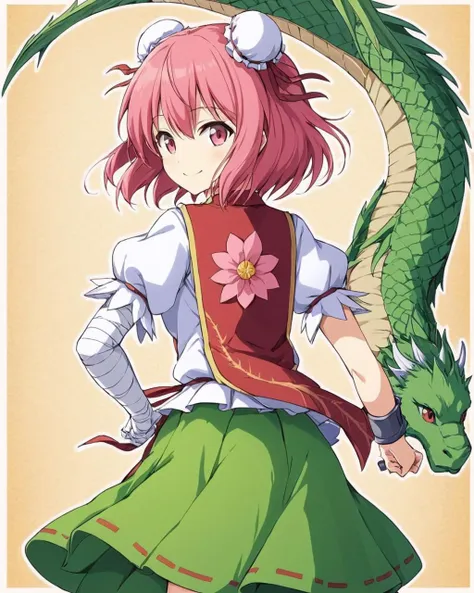 ibaraki kasen,1girl, double_bun, traditional_media, solo, bandaged_arm, smile, eastern_dragon, looking_at_viewer, bun_cover, green_skirt, short_sleeves, looking_back, shirt, tabard, pink_flower, puffy_sleeves, from_behind, cowboy_shot, marker_\(medium\)
<lora:ibaraki_kasen_image2781_2023-12-20:1>,star-shaped_pupils,symbol-shaped_pupils,. gorgeous,key visual, vibrant, studio anime,award-winning, professional, highly detailed,high budget, cinemascope