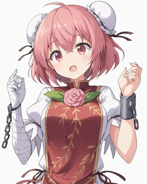 ibaraki kasen,1girl, solo, double_bun, shackles, white_background, bandaged_arm, upper_body, open_mouth, simple_background, bun_cover, puffy_short_sleeves, looking_at_viewer, pink_rose, chain, medium_breasts, tabard, teeth, white_shirt
<lora:ibaraki_kasen_image2781_2023-12-20:1>,star-shaped_pupils,symbol-shaped_pupils,. gorgeous,key visual, vibrant, studio anime,award-winning, professional, highly detailed,high budget, cinemascope
