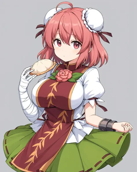 ibaraki kasen,1girl, solo, double_bun, baozi, green_skirt, tabard, rose, simple_background, bun_cover, bandaged_arm, looking_at_viewer, ahoge, holding_food, white_shirt, puffy_short_sleeves, large_breasts, grey_background, cuffs, eating, cowboy_shot
<lora:ibaraki_kasen_image2781_2023-12-20:1>,star-shaped_pupils,symbol-shaped_pupils,. gorgeous,key visual, vibrant, studio anime,award-winning, professional, highly detailed,high budget, cinemascope