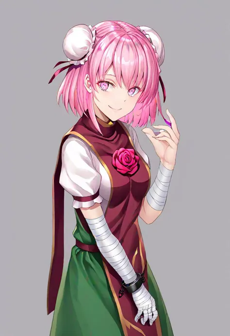 ibaraki kasen, 
1girl, She wears a tabard with a red rose, a short-sleeved white shirt and a green skirt. bandaged arm, bandages, cuffs, double bun, hair bun, looking at viewer, mouth holding bandages, pink eyes, pink hair, shackles, short hair, smile, solo, tabard, 
masterpiece, best quality, very aesthetic, absurdres,