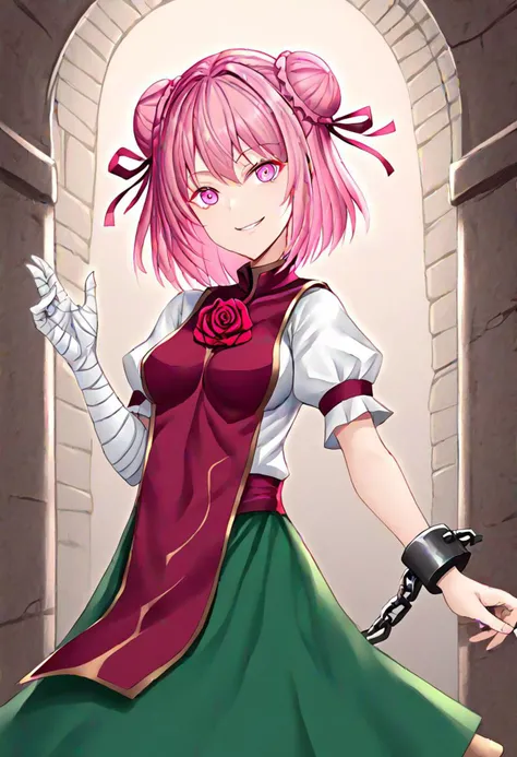 ibaraki kasen,
1girl, She wears a tabard with a red rose, a short-sleeved white shirt and a green skirt. bandaged arm, bandages, cuffs, double bun, hair bun, looking at viewer, mouth holding bandages, pink eyes, pink hair, shackles, short hair, smile, solo, tabard,
masterpiece, best quality, very aesthetic, absurdres,