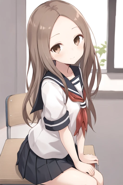 a beautiful, cute takagi-san sitting on a desk at school,school_uniform, serafuku, skirt, sailor_collar,bare forehead, long_hair, black_sailor_collar, pleated_skirt, brown_eyes,brown_hair,short_sleeves, black_skirt,red_neckerchief,  <lora:Takagi_Character:.5>