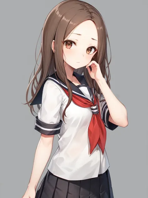 masterpiece, best quality, <lora:Takagi_tkV1:0.5>,takagi-san,school_uniform, serafuku, skirt, sailor_collar,bare forehead, long_hair, black_sailor_collar, pleated_skirt, brown_eyes,brown_hair,short_sleeves, black_skirt,red_neckerchief,