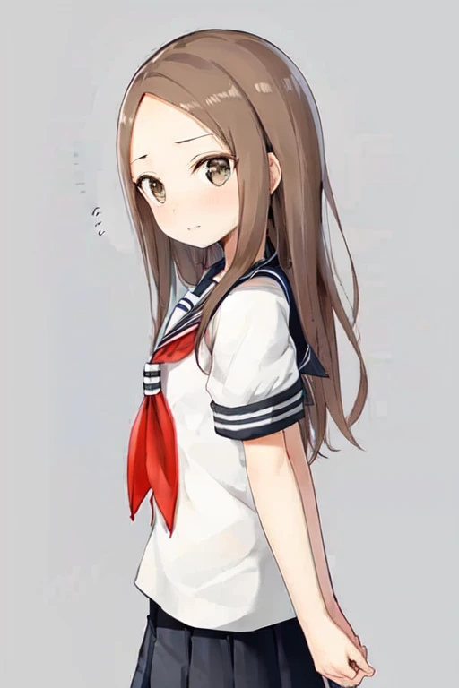 masterpiece, best quality, <lora:Takagi_tkV1:0.8>, takagi-san,school_uniform, serafuku, skirt, sailor_collar,bare forehead, long_hair, black_sailor_collar, pleated_skirt, brown_eyes,brown_hair,short_sleeves, black_skirt,red_neckerchief,