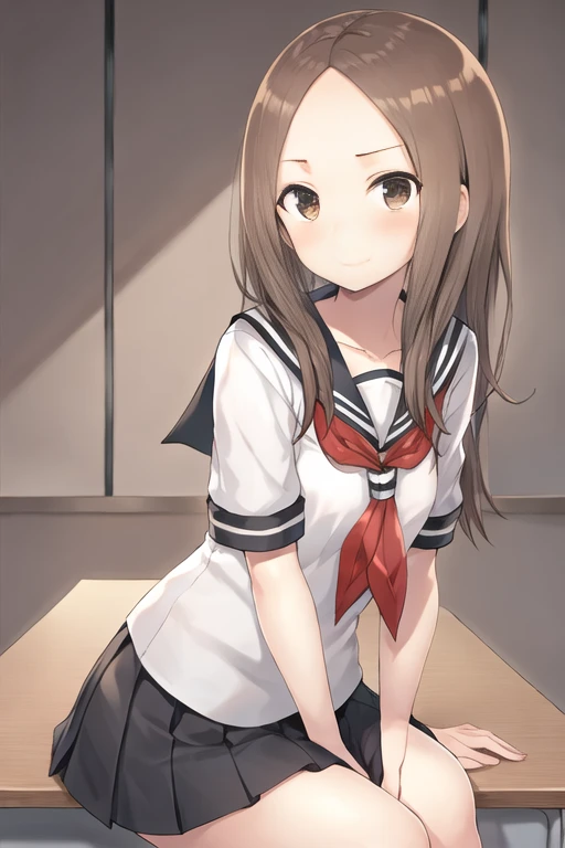 a beautiful, cute takagi-san sitting on a desk at school,school_uniform, serafuku, skirt, sailor_collar,bare forehead, long_hair, black_sailor_collar, pleated_skirt, brown_eyes,brown_hair,short_sleeves, black_skirt,red_neckerchief,  <lora:Takagi_tkV1:0.5>