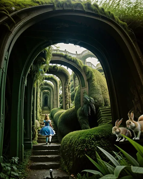 (dutch angle:1.4), (asymmetrical:1.2), wonky, confusing, psychedelic, quasi-realistic digital painting of fantastic imaginary landscape at the end of the rabbit hole, 1girl, a beautiful grown-up Alice chasing the white rabbit through an ancient ruins of a forgotten thought distorted over time, (Alice in Wonderland:1.4), ocean piers and (Kraken tentacles:1.1) bend and overlap like a living freeway cloverleaf, (in the style of M. C. Escher:1.4), overgrown with moss and ivy, colossal tentacles reaching from the depths of a hallucination melt into the somewhat recovered memory of a place never visited, (chaos:1.2), anarchy, [why didn't  I take the blue pill?], stone archways, interdimensional gateways, doors to nowhere, stone paths and stairs that overlap and merge nonsensically, (optical illusions form the landscape:1), a tear in the fabric of time-space feeds on reality, cliffs, ocean, tsunami, crashing waves, [Keep Calm and Carry On], [the Kraken], (The restaurant at the End of the Universe:1.1), [Douglas Adams], impossible, random, green and silver and brown color theme, (fantasy art:1.2), vertical gradient from modern  to prehistoric, fishbowl lens, view from above and infront at 100 meters away, (multiple Alice's chasing the rabbit:1.1) in several overlapping axis and dimensions, quadratic, Alice chasing the white rabbit and Alice chasing Alice who's chasing  the white rabbit, pocket watches melt and deform the unstable terrain, [temporal manipulation], (surrealism:1.3), entropy, <lora:DisneyAlice:0.8> <lora:FilmVelvia3:0.8>