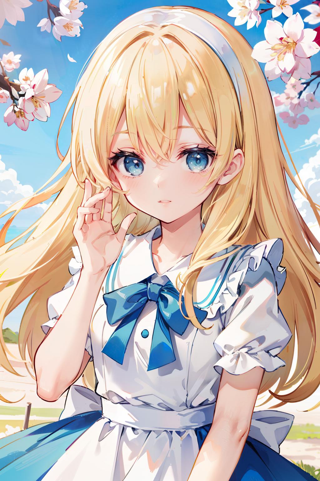 Anime girl with long blonde hair and blue eyes in a white dress - SeaArt AI