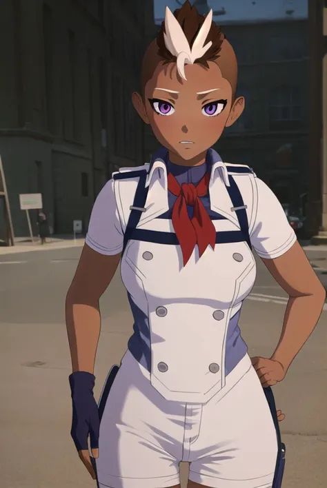 harrietbree, <lyco:harrietbree-lyco-nochekaiser:1>,
harriet bree, short hair, brown hair, (purple eyes:1.1), multicolored hair, dark skin, two-tone hair, dark-skinned female, undercut,
BREAK gloves, jewelry, short sleeves, earrings, shorts, fingerless gloves, ascot, piercing, ear piercing, white shorts,
BREAK outdoors, city,
BREAK looking at viewer, (cowboy shot:1.5),
BREAK <lyco:GoodHands-beta2:1>, (masterpiece:1.2), best quality, high resolution, unity 8k wallpaper, (illustration:0.8), (beautiful detailed eyes:1.6), extremely detailed face, perfect lighting, extremely detailed CG, (perfect hands, perfect anatomy),