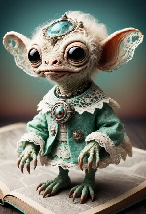 whimsical, fantasy concept art, reality-shot, realism, realistic photography of a cute but ugly alien lifeform covered with lace, retro spaceship cockpit, comic book style, ultra sharp, intricate details <lora:ugly_SDXL:1> uglylora