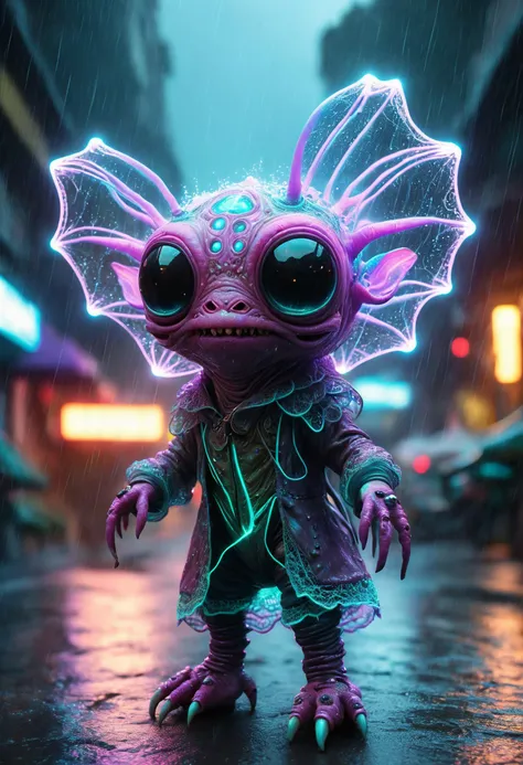 whimsical, fantasy concept art, reality-shot, realism, realistic photography of a cute alien lifeform covered with glowing lace, cyberpunk street during a neon storm with rain-slicked pavement, expressionist, ultra sharp, intricate details <lora:ugly_SDXL:0.8> uglylora