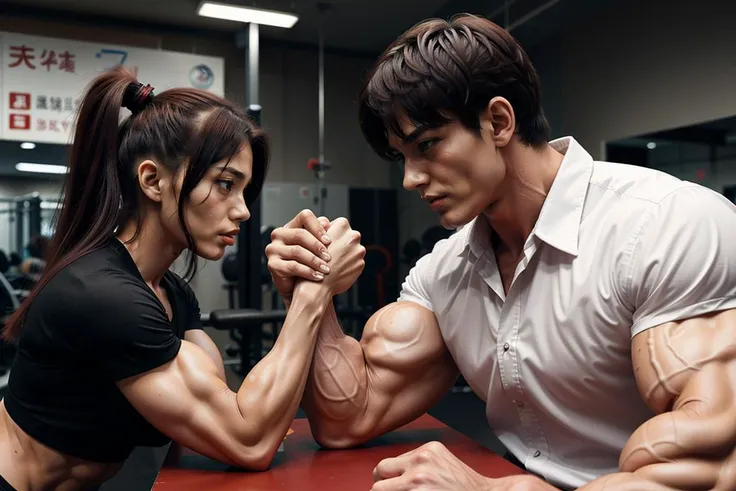 1girl 1man, armwrestling, anime style, (confident) wearing ((shirts)), in a gym, effort and straining, sweating bodybuilder, muscular, veiny muscle, <lora:armwrestling:1>