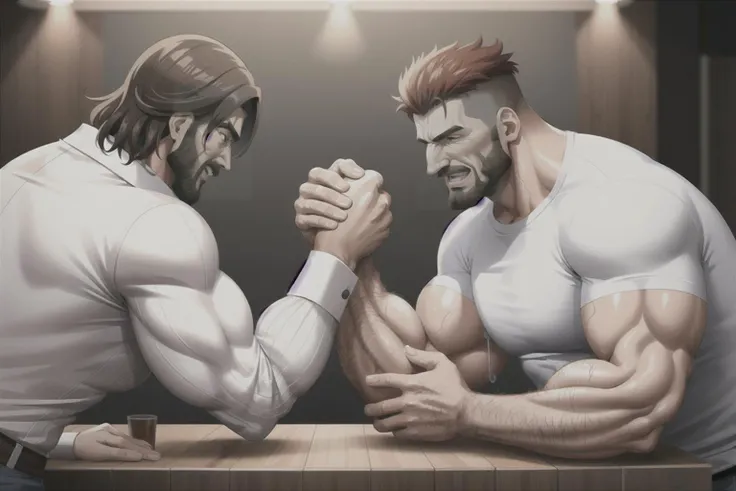 2men, armwrestling, hugely muscular men, ((wearing shirts)), in a bar, effort and straining, <lora:armwrestling:1>