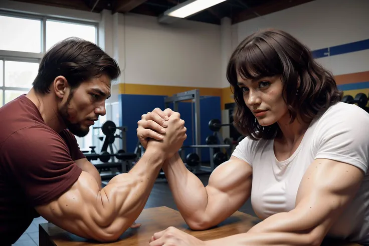 1girl 1man, armwrestling, (angry) wearing shirts, in a gym, effort and straining, sweating bodybuilder, muscular, veiny muscle, <lora:armwrestling:1>, A stunning intricate full color portrait of , analog style,  sharp focus, natural lighting, subsurface scattering, f2, 35mm, film grain