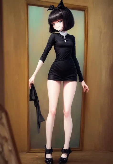 (masterpiece:1.4), (best quality:1.4), (high resolution:1.4), cartoon style, (((oil painting (medium)))), woman, CreepySusie <lora:CreepySusie:0.6>, pale skin, black short hair, bob cut, black ribbon, (petite body), black dress, small breasts, stripped socks, smile, looking at viewer, cinematic lighting, artstation female body, highly detailed, psychodelic colors background, neon colors, bright eyes, cute face, full body, solo, 1girl, dybamic pose<lora:add_detail:1.1>