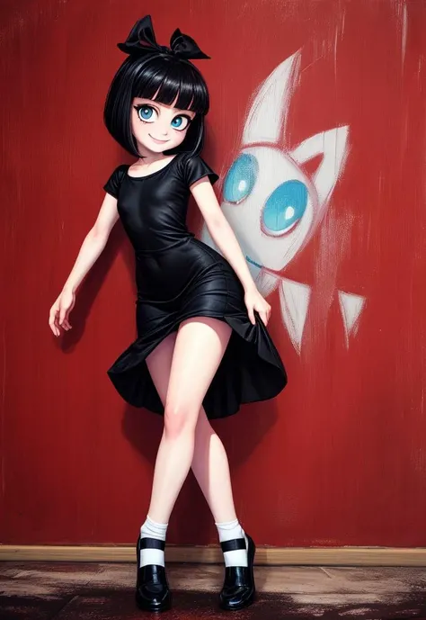 (masterpiece:1.4), (best quality:1.4), (high resolution:1.4), cartoon style, (((oil painting (medium)))), woman, CreepySusie <lora:CreepySusie:0.6>, pale skin, black short hair, bob cut, black ribbon, (petite body), black dress, small breasts, stripped socks, smile, looking at viewer, cinematic lighting, artstation female body, highly detailed, psychodelic colors background, neon colors, bright eyes, cute face, full body, solo, 1girl, dybamic pose<lora:add_detail:1.1>