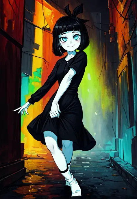 (masterpiece:1.4), (best quality:1.4), (high resolution:1.4), cartoon style, (((oil painting (medium)))), woman, CreepySusie <lora:CreepySusie:0.6>, pale skin, black short hair, bob cut, black ribbon, (petite body), black dress, small breasts, stripped socks, smile, looking at viewer, cinematic lighting, artstation female body, highly detailed, psychodelic colors background, neon colors, bright eyes, cute face, full body, solo, 1girl, dybamic pose<lora:add_detail:1.1>