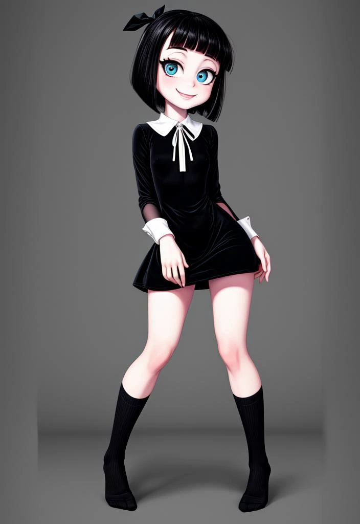 (masterpiece:1.4), (best quality:1.4), (high resolution:1.4), cartoon style, (((oil painting (medium)))), woman, CreepySusie <lora:CreepySusie:0.6>, pale skin, black short hair, bob cut, black ribbon, (petite body), black dress, small breasts, stripped socks, smile, looking at viewer, cinematic lighting, artstation female body, highly detailed, psychodelic colors background, neon colors, bright eyes, cute face, full body, solo, 1girl, dybamic pose<lora:add_detail:1.1>