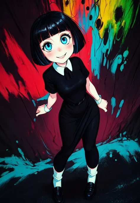 (masterpiece:1.4), (best quality:1.4), (high resolution:1.4), cartoon style, (((oil painting (medium)))), woman, CreepySusie <lora:CreepySusie:0.6>, pale skin, black short hair, bob cut, black ribbon, (petite body), black dress, small breasts, stripped socks, smile, looking at viewer, cinematic lighting, artstation female body, highly detailed, psychodelic colors background, neon colors, bright eyes, cute face, full body, solo, 1girl, dybamic pose<lora:add_detail:1.1>