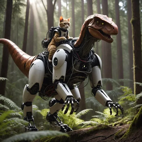 photo, cat is riding, robot dinosour, raptor, full cables and robotic parts, in a forest, dramatic light