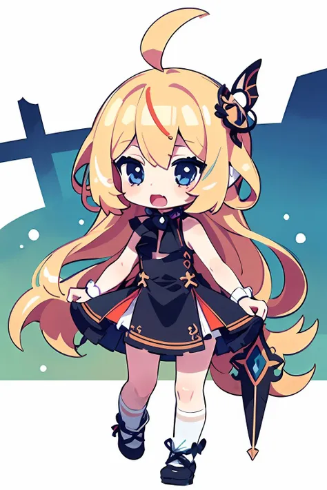 8kï¼ultra-detailed, illustration, (beautiful detailed eyes), beautiful, amazing, detailed eyes, (((masterpiece))),1girl,chibi,,full body <lora:ttn:0.6>,sleeveless dress,ahoge, antenna hair,solo,open mouth