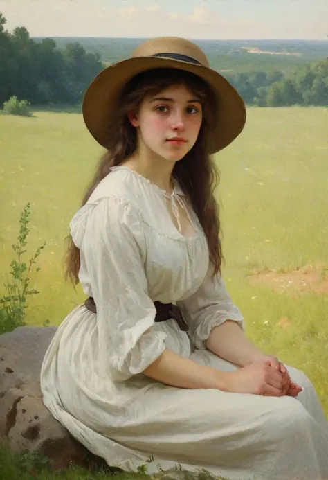 Beautiful young woman in a hat sitting on a rock in summer in a field, side view, 19th century painting in the style of Adolphe Bouguereau