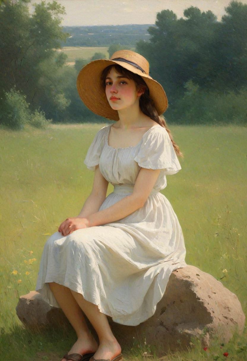 A painting of a woman sitting on a rock in a field - SeaArt AI