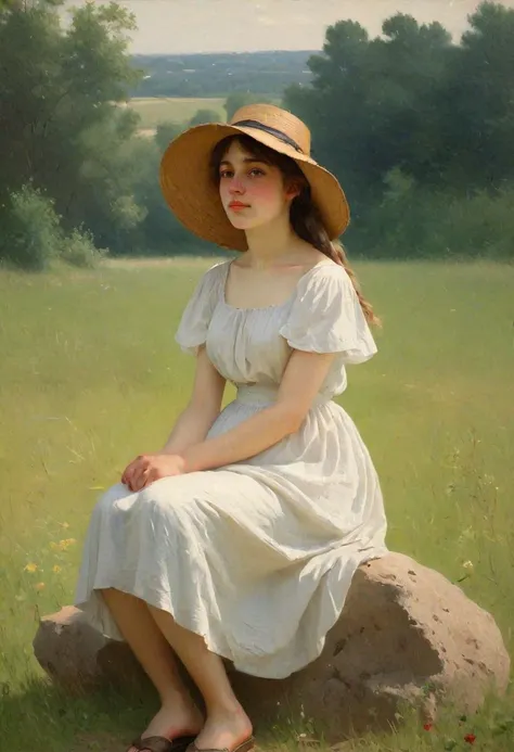 Beautiful young woman in a hat sitting on a rock in summer in a field, side view, 19th century painting in the style of Adolphe Bouguereau
