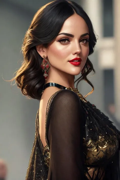 photo of (3izagonz:0.99), a black haired woman as a movie star, modelshoot style, (extremely detailed CG unity 8k wallpaper), photo of the most beautiful artwork in the world, professional majestic oil painting by Ed Blinkey, Atey Ghailan, Studio Ghibli, by Jeremy Mann, Greg Manchess, Antonio Moro, trending on ArtStation, trending on CGSociety, Intricate, High Detail, Sharp focus, dramatic, photorealistic painting art by midjourney and greg rutkowski, (waist chain), ((comicon event)), ((standing on the red carpet)), ((paparazzi in the background)), (looking at viewer), (detailed pupils:1.3), (modern outfit:1.2), (closeup), (red lips), (eye shadow)
