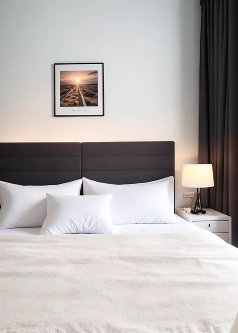UHD, high details, super detail, high quality, 1080P, HD,
chaji,badroom,a bed with a white blanket and pillows in a room with a table and lamp on it and a picture on the wall, scenery <lora:chaji-01-000009:0.6>