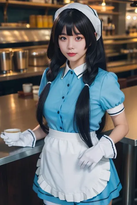 ltra-detailed,highly detailed,best quality,masterpiece,illustration,realistic,photorealistic,
sxkft, waitress, 1girl, solo, cosplay,
very long hair, bangs,
shirt, puffy short sleeves, white waist apron,blue dress, gloves,thighhighs, head scarf,
looking at viewer, standing,
photo background, indoors, cafe,
<lora:sxkft_v1_06:0.7>