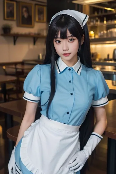 ltra-detailed,highly detailed,best quality,masterpiece,illustration,realistic,photorealistic,
sxkft, waitress, 1girl, solo, cosplay,
very long hair, bangs,
shirt, puffy short sleeves, white waist apron,blue dress, gloves,thighhighs, head scarf,
looking at viewer, standing,
photo background, indoors, cafe,
<lora:sxkft_v1_06:0.7>