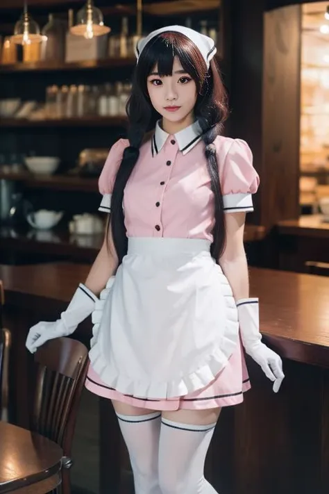 ltra-detailed,highly detailed,best quality,masterpiece,illustration,realistic,photorealistic,
sxkft, waitress, 1girl, solo, cosplay,
very long hair, bangs,
shirt, puffy short sleeves, white waist apron,pink dress, gloves,thighhighs, head scarf,
looking at viewer, standing,
photo background, indoors, cafe,
<lora:sxkft_v1_06:0.7>