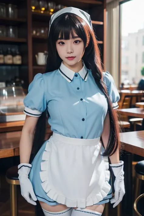 ltra-detailed,highly detailed,best quality,masterpiece,illustration,realistic,photorealistic,
sxkft, waitress, 1girl, solo, cosplay,
very long hair, bangs,
shirt, puffy short sleeves, white waist apron,blue dress, gloves,thighhighs, head scarf,
looking at viewer, standing,
photo background, indoors, cafe,
<lora:sxkft_v1_06:0.7>